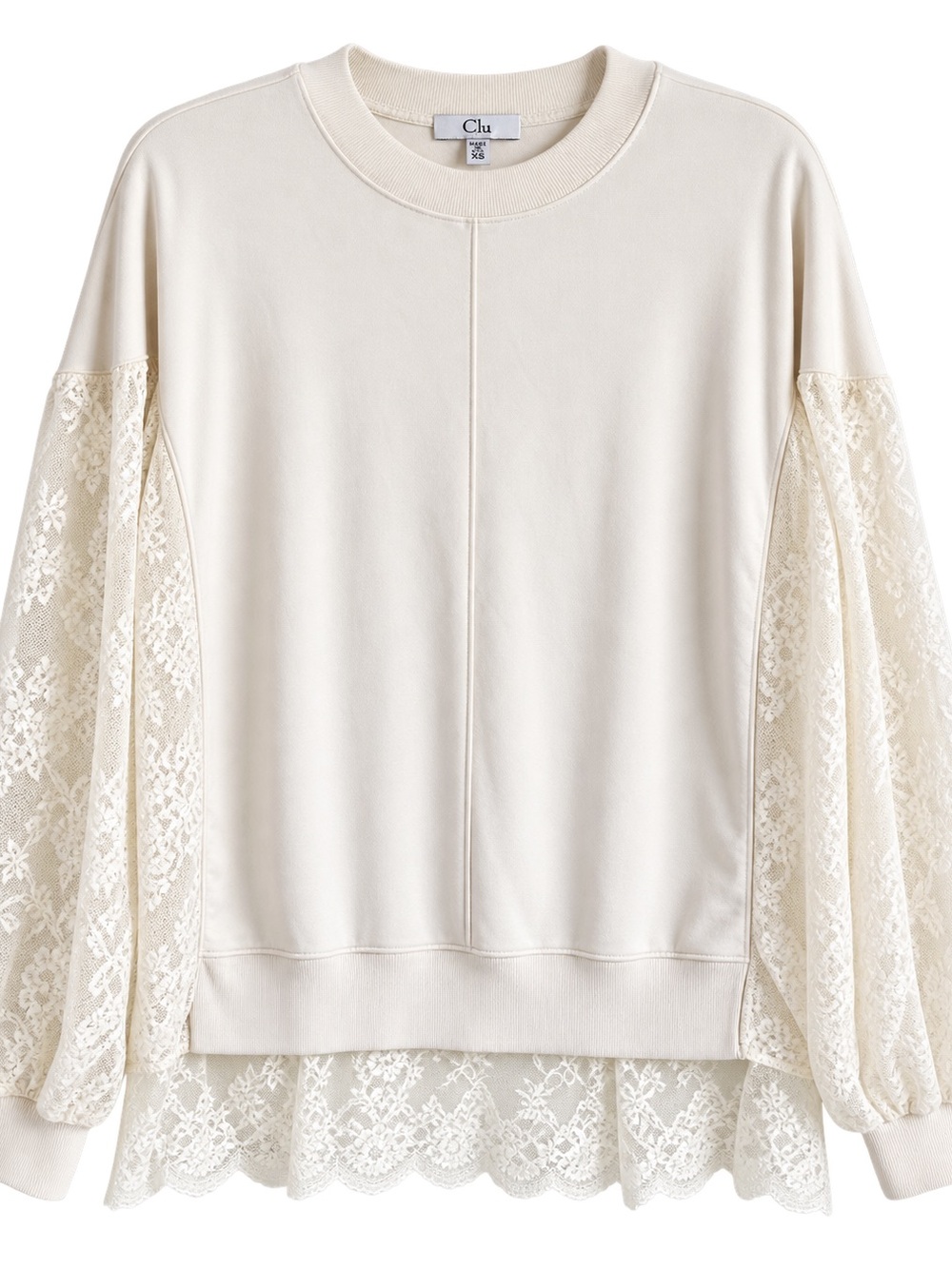 Clu Cream Lace Sleeve Mixed Media Sweatshirt Top XS Made in USA